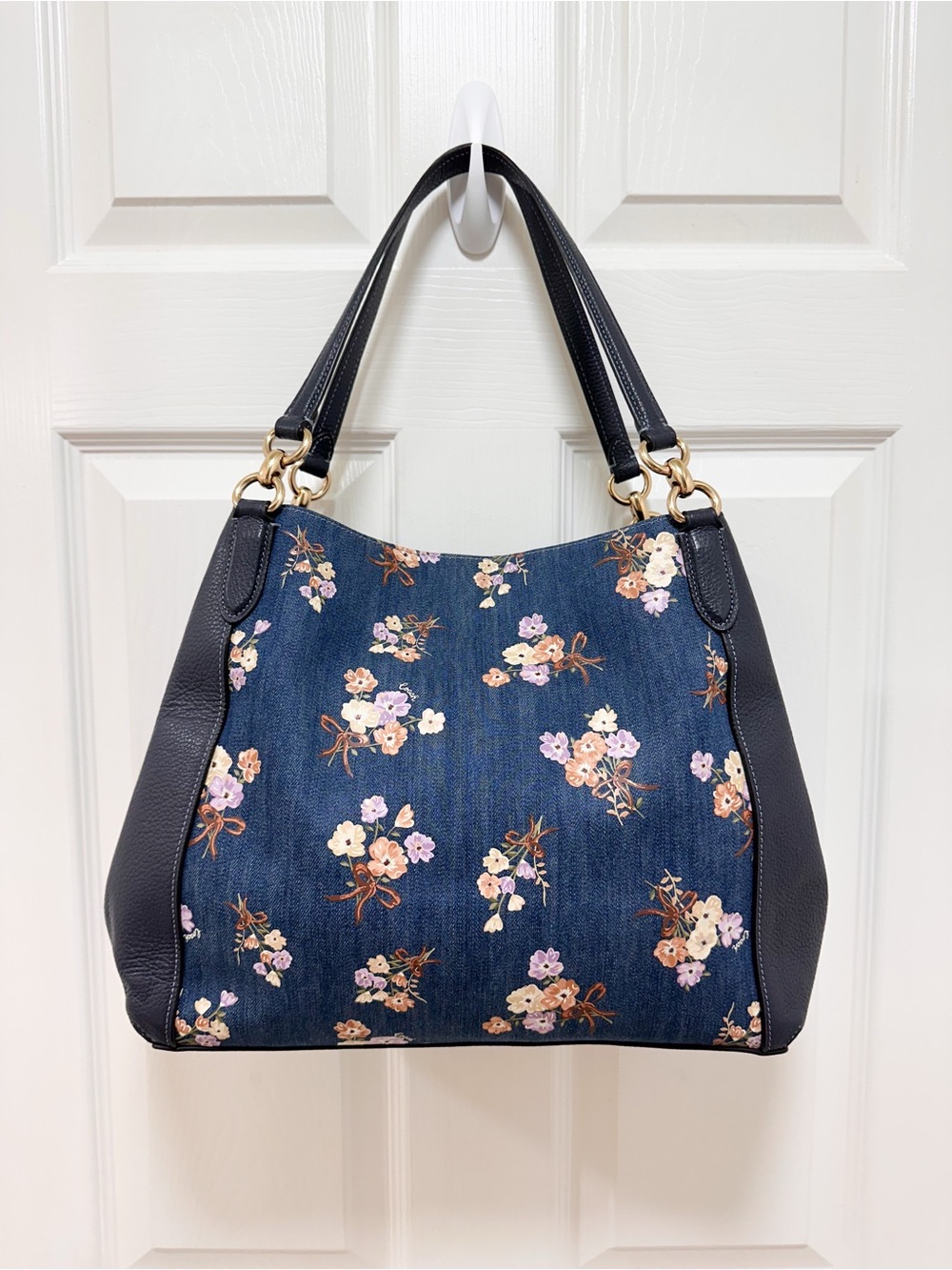 Coach Hallie Shoulder Bag Floral Bouquet Denim Print Navy Leather - Picture 5 of 15